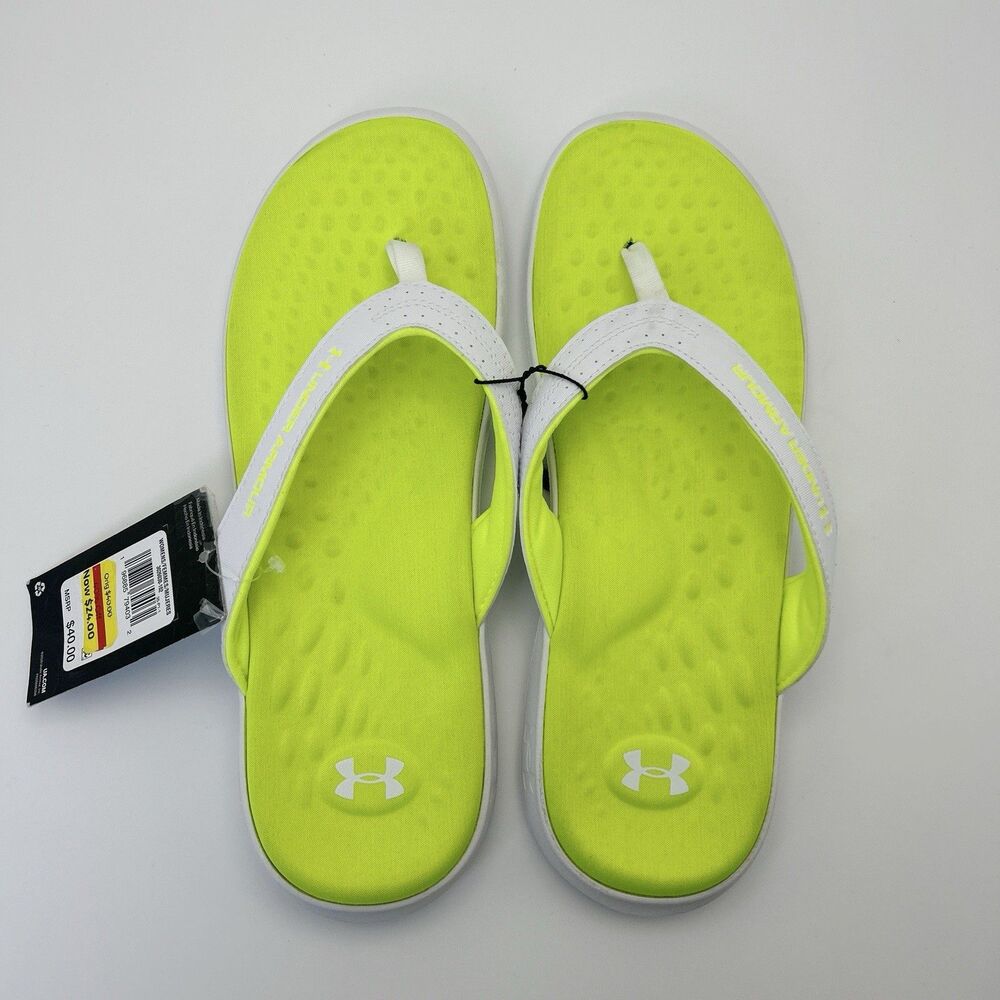 Under Armour Womens Size 11 Ignite Pro Marbella Flip Flops Sandal White/Neon - Picture 2 of 5